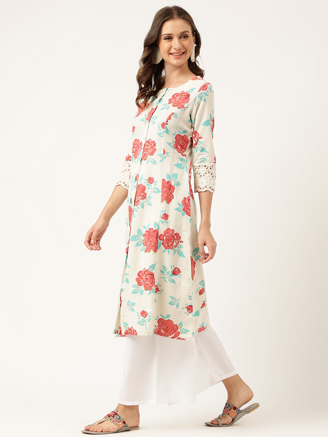 Cream Floral Printed Cotton A-Line Kurta