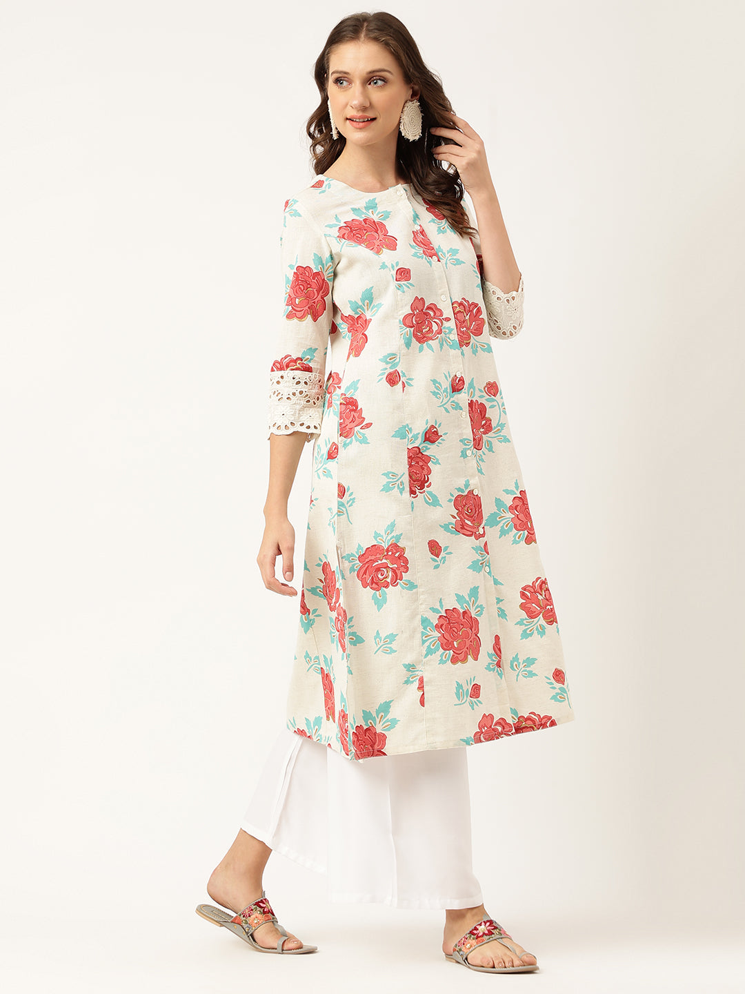 Cream Floral Printed Cotton A-Line Kurta
