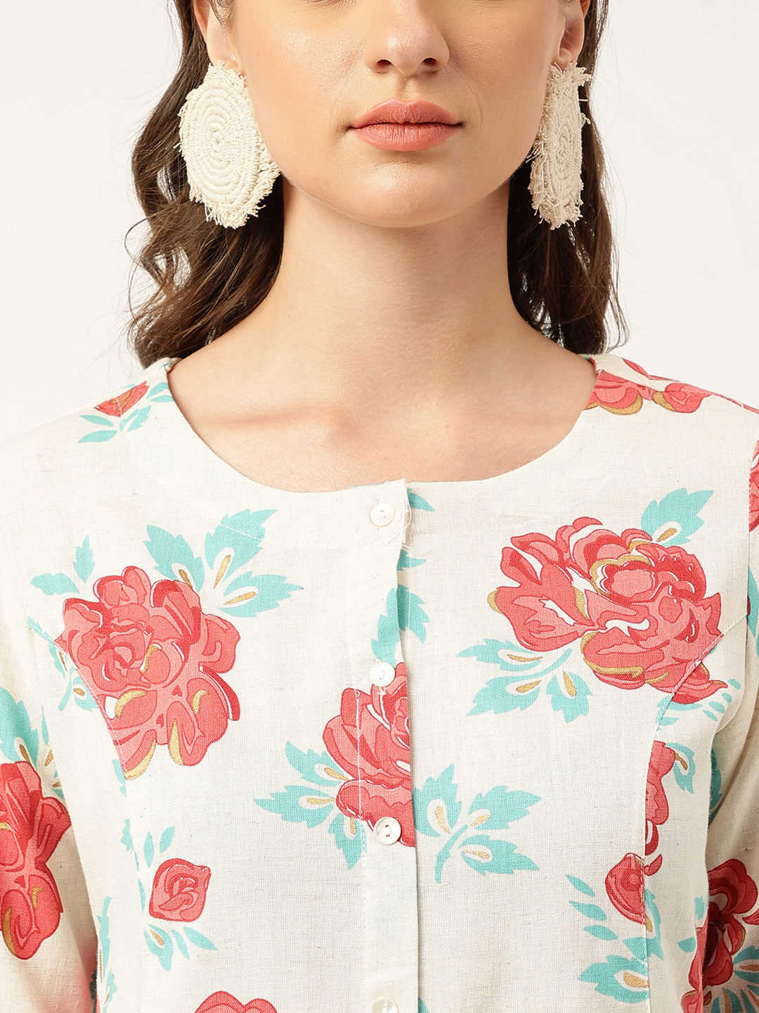 Cream Floral Printed Cotton A-Line Kurta
