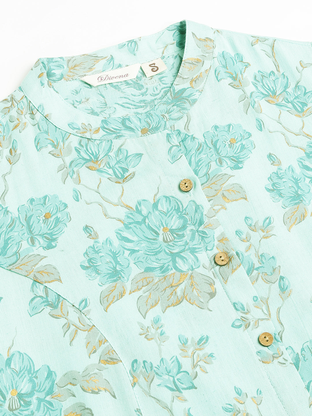 Sea Green Floral Printed Cotton A-Line Kurta