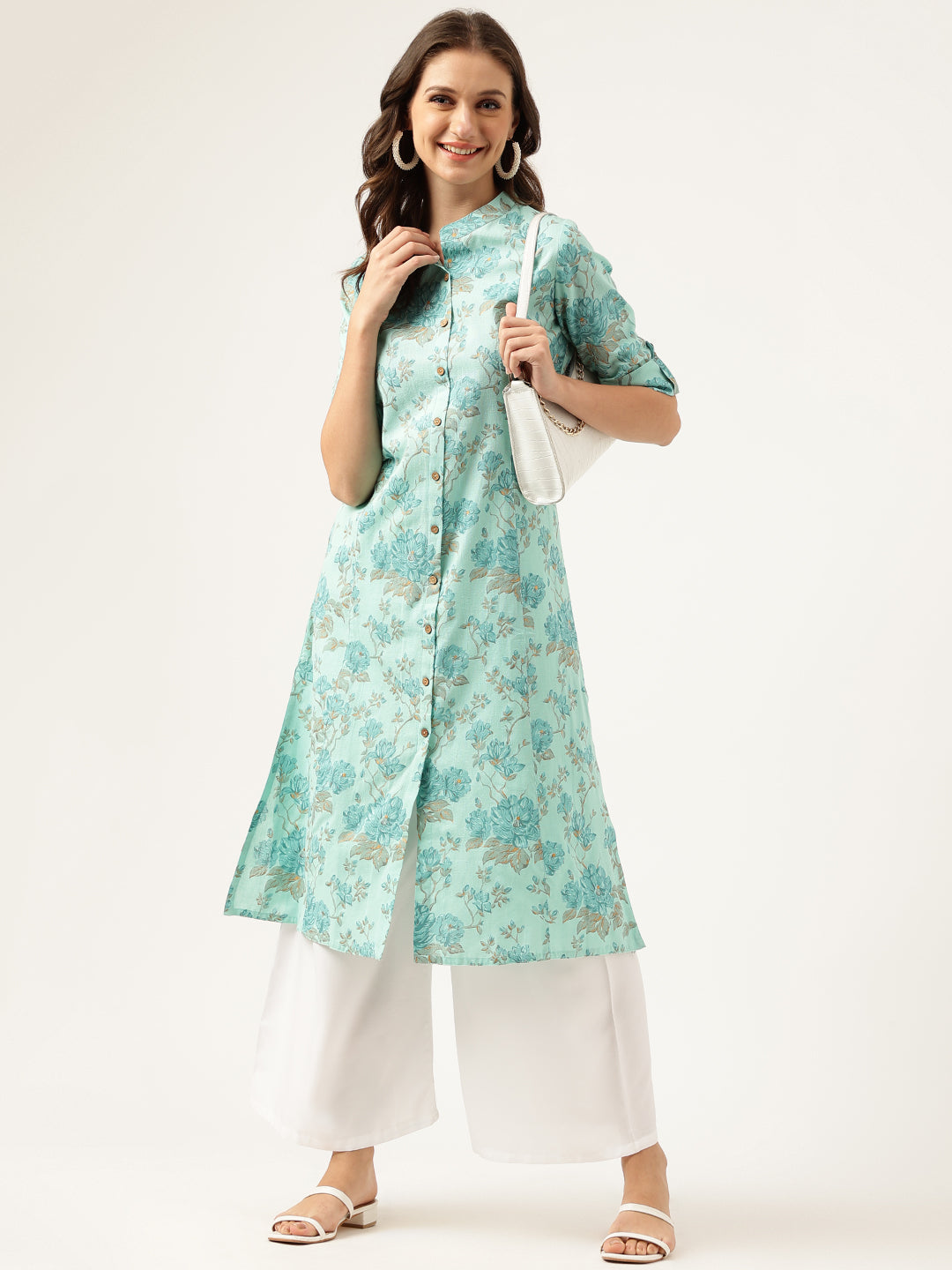Sea Green Floral Printed Cotton A-Line Kurta