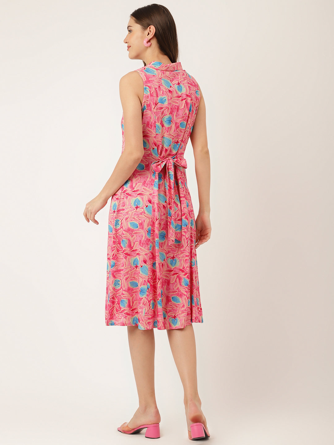 Pink Floral Print Rayon A-Line Midi Dress with Attached Sleeves for Women