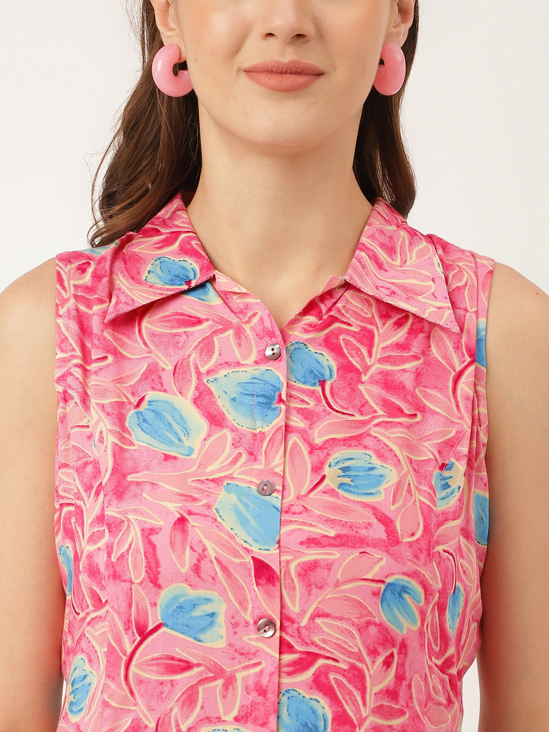 Pink Floral Print Rayon A-Line Midi Dress with Attached Sleeves for Women