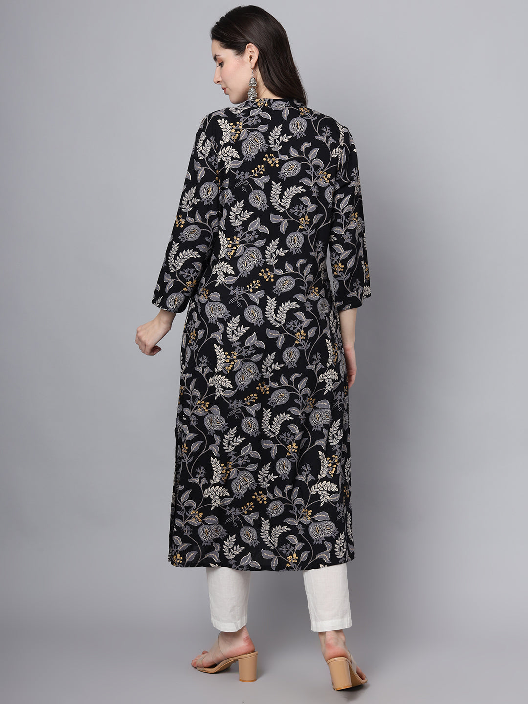 Black Rayon Printed-A-Line Kurta