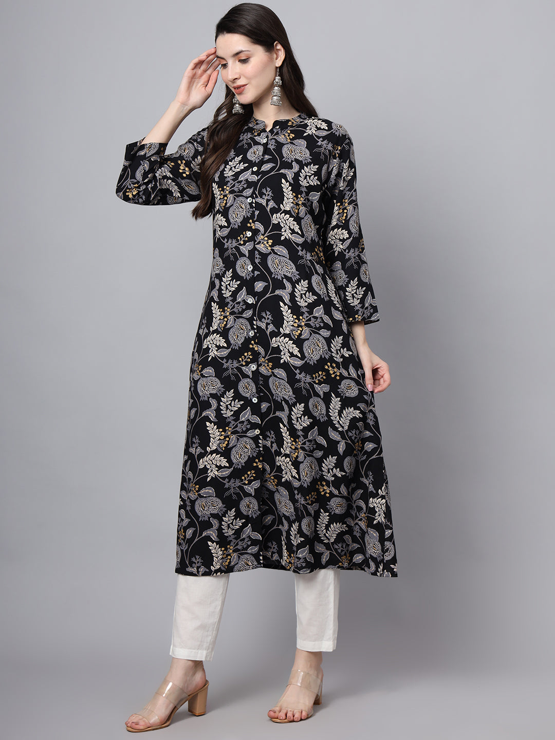 Black Rayon Printed-A-Line Kurta