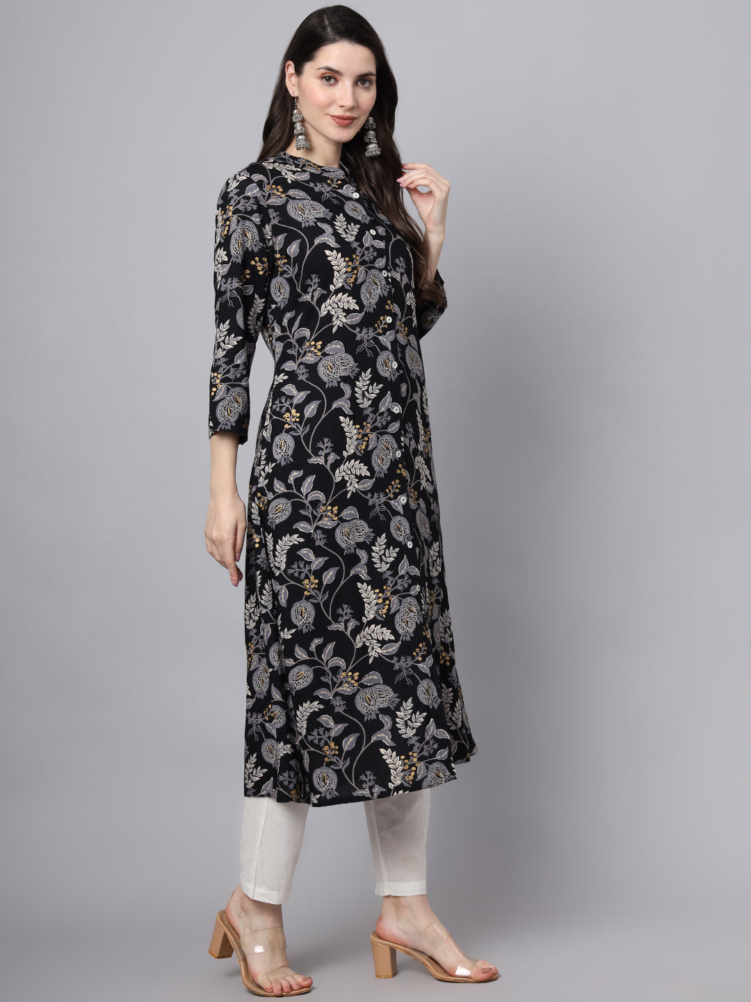Black Rayon Printed-A-Line Kurta