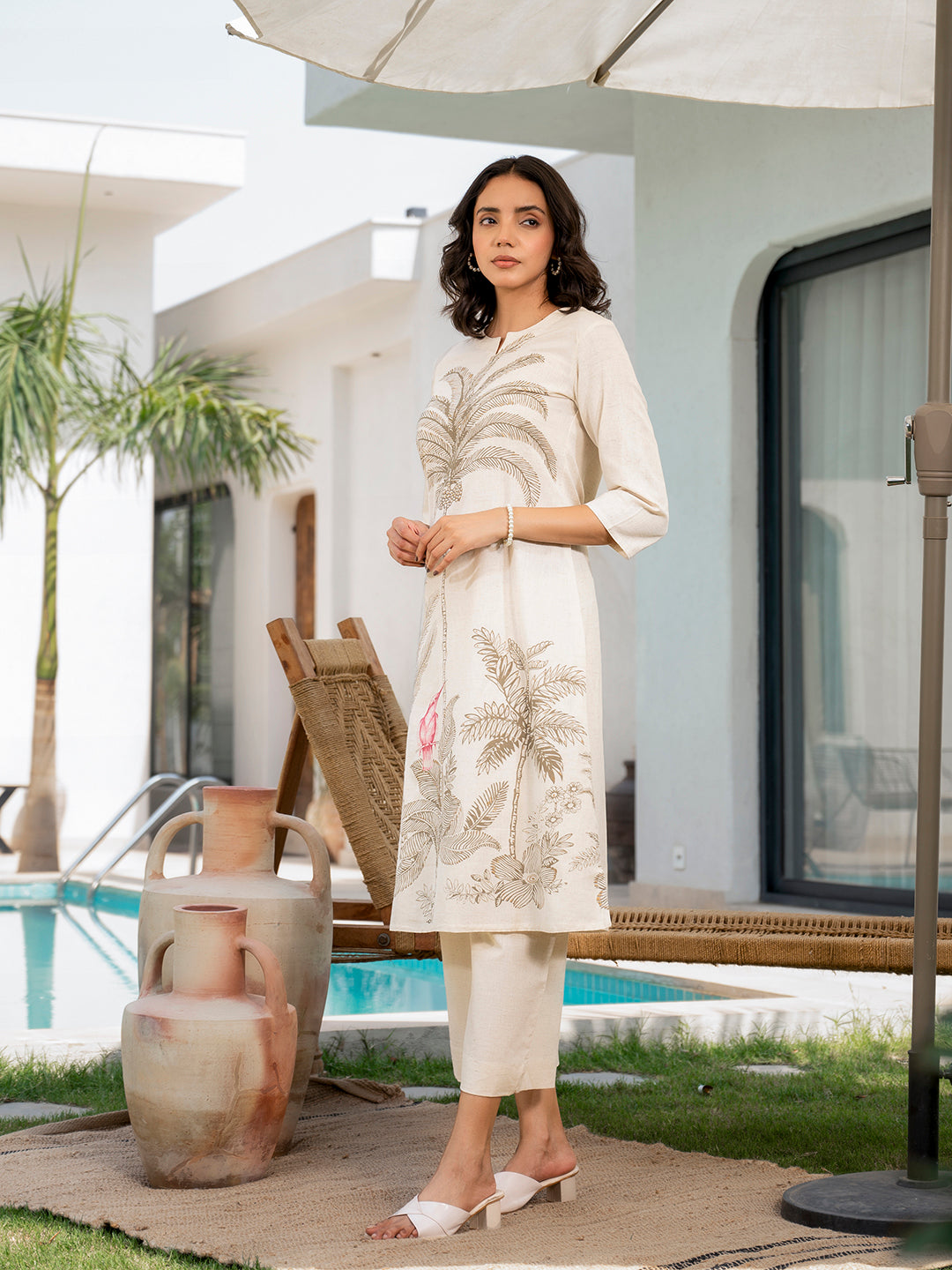 Offwhite Floral Printed Cotton A-line Fit Kurta Pant Set