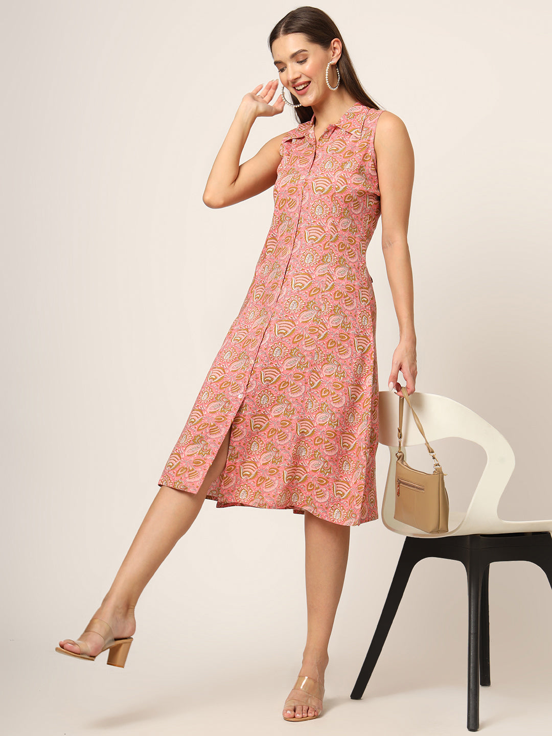 Pink Floral Print A-Line Midi Dress