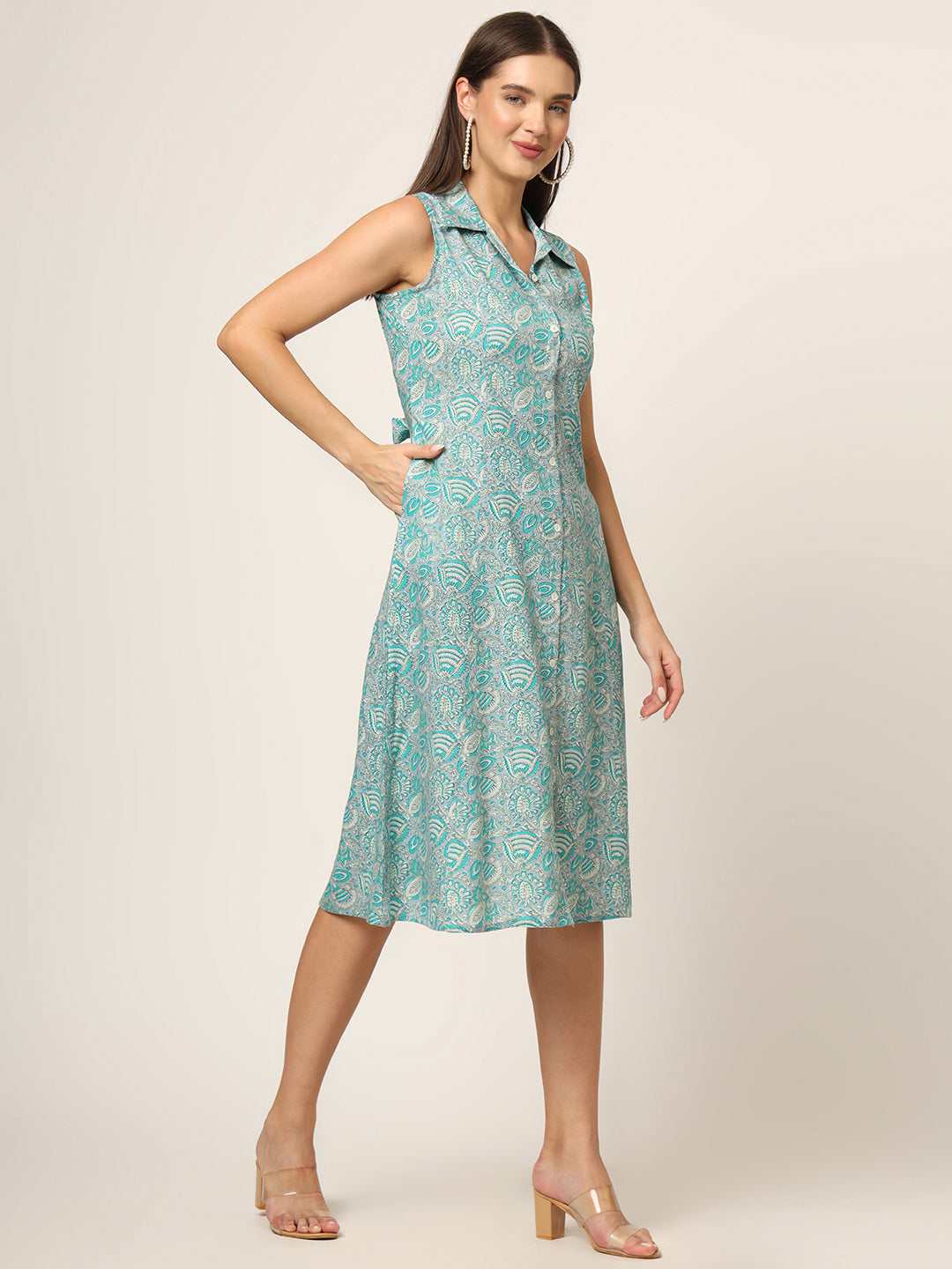 Sky Blue Floral Print A-Line Midi Dress