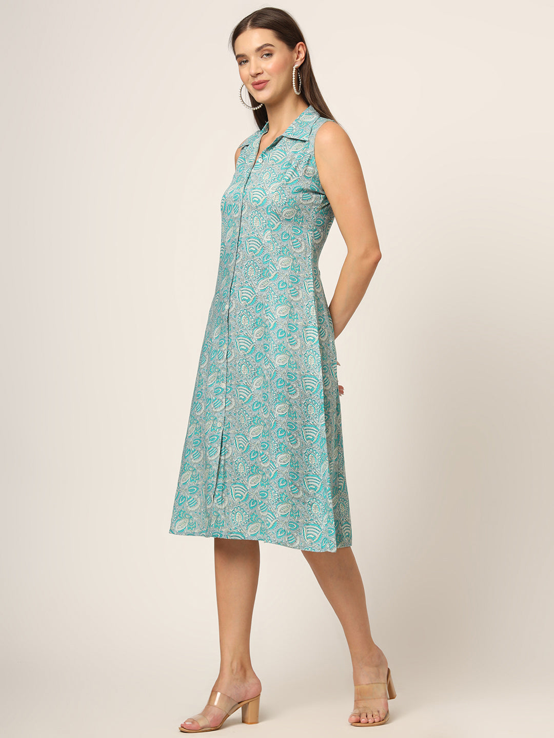 Sky Blue Floral Print A-Line Midi Dress