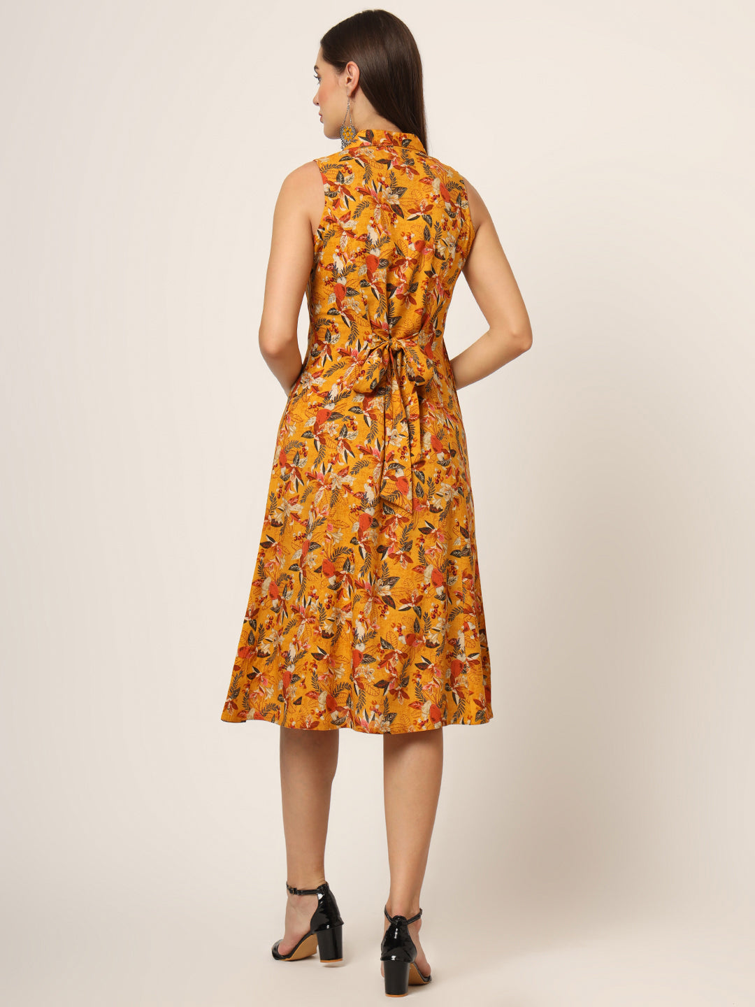 Yellow Floral Print A-Line Midi Dress