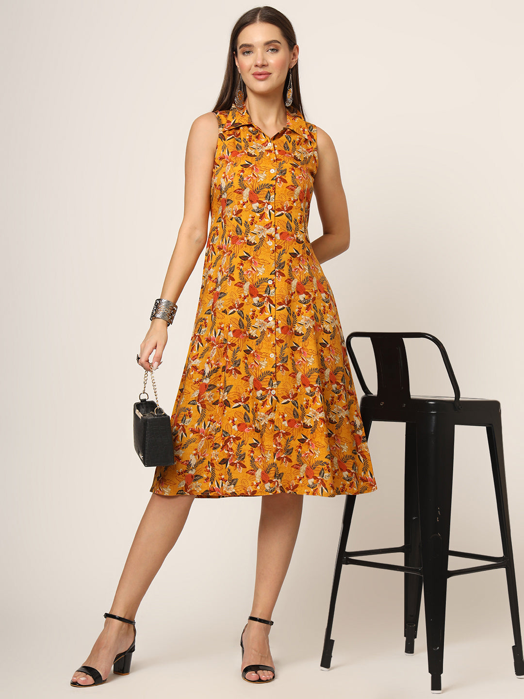 Yellow Floral Print A-Line Midi Dress