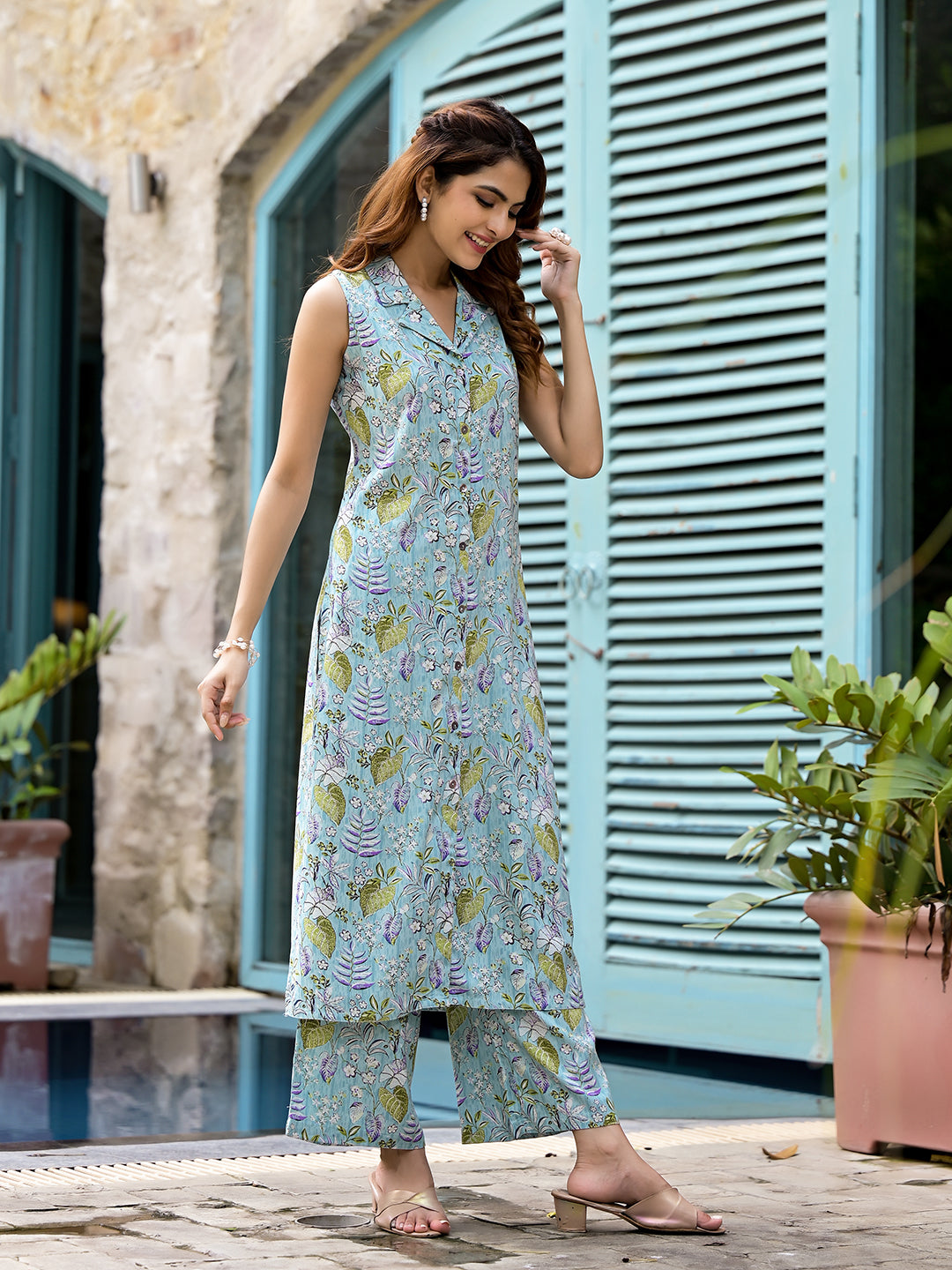 Sky Blue Floral Printed A-Line Rayon Kurta Set