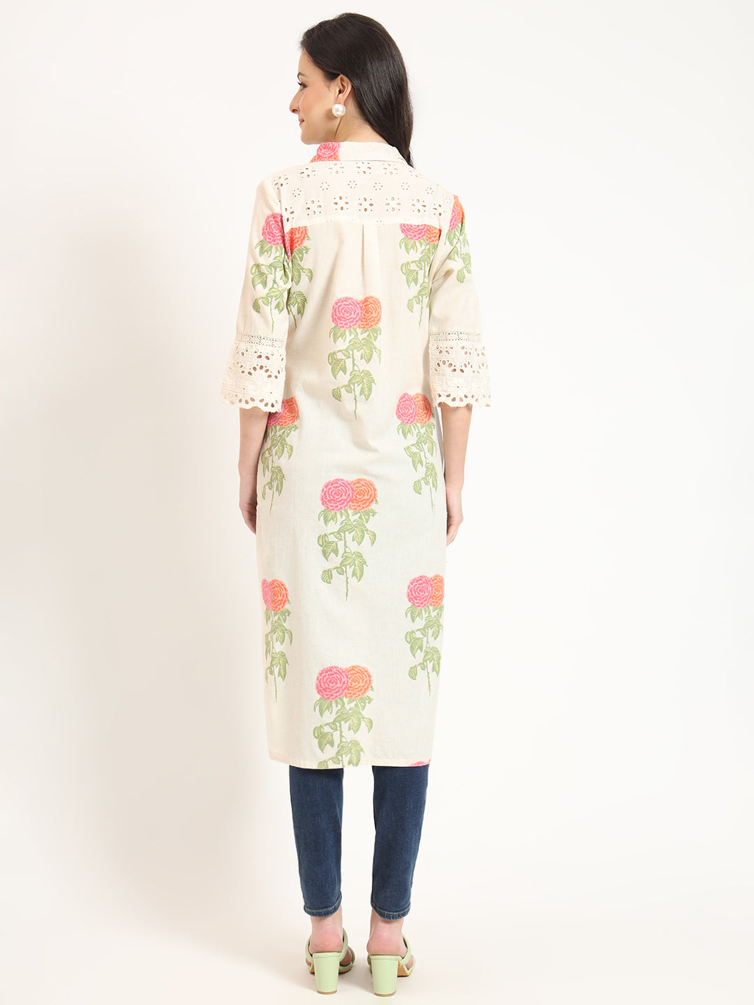 Cream Pink Floral Print Cotton Fabric Kurta