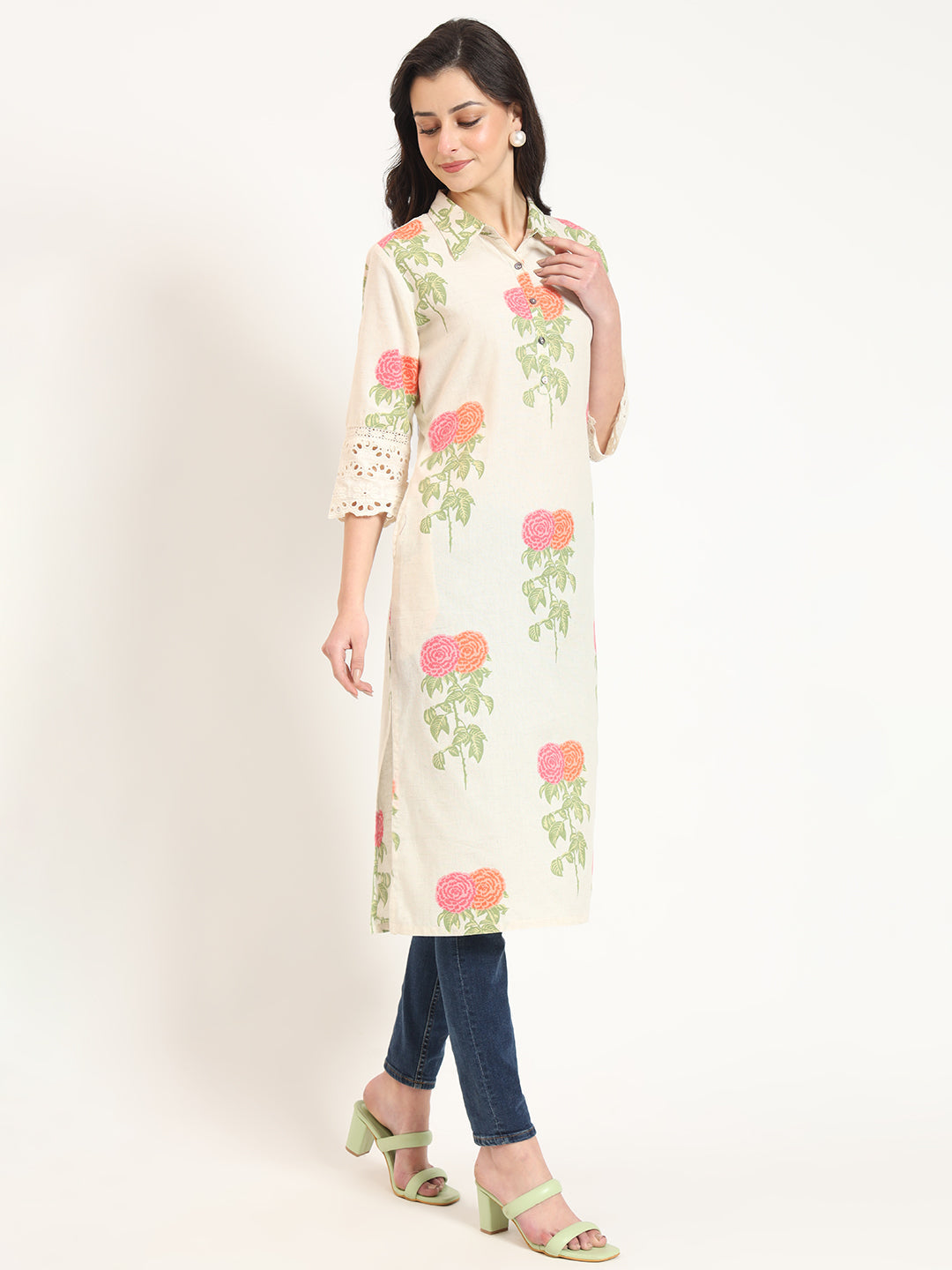 Cream Pink Floral Print Cotton Fabric Kurta