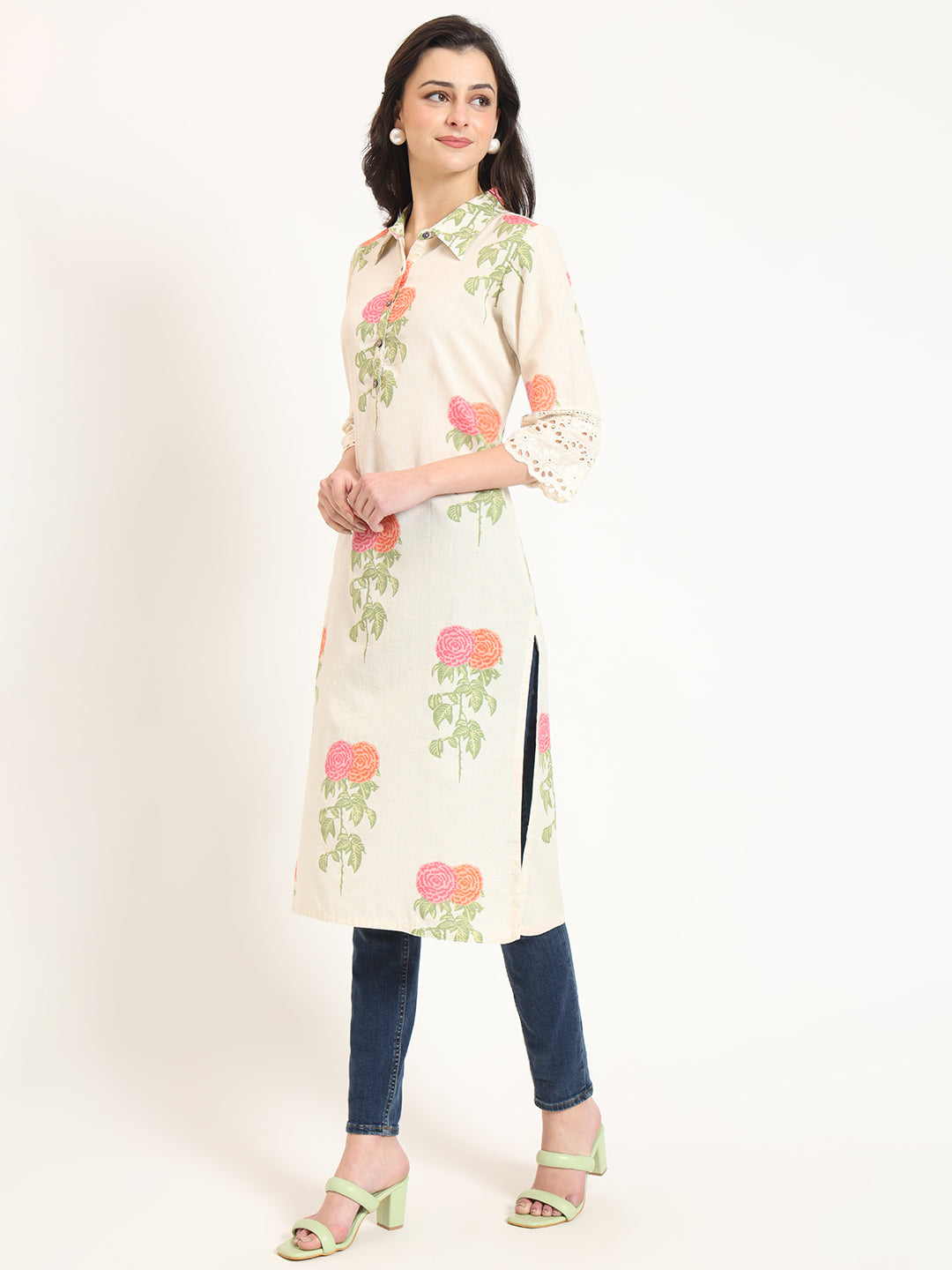 Cream Pink Floral Print Cotton Fabric Kurta