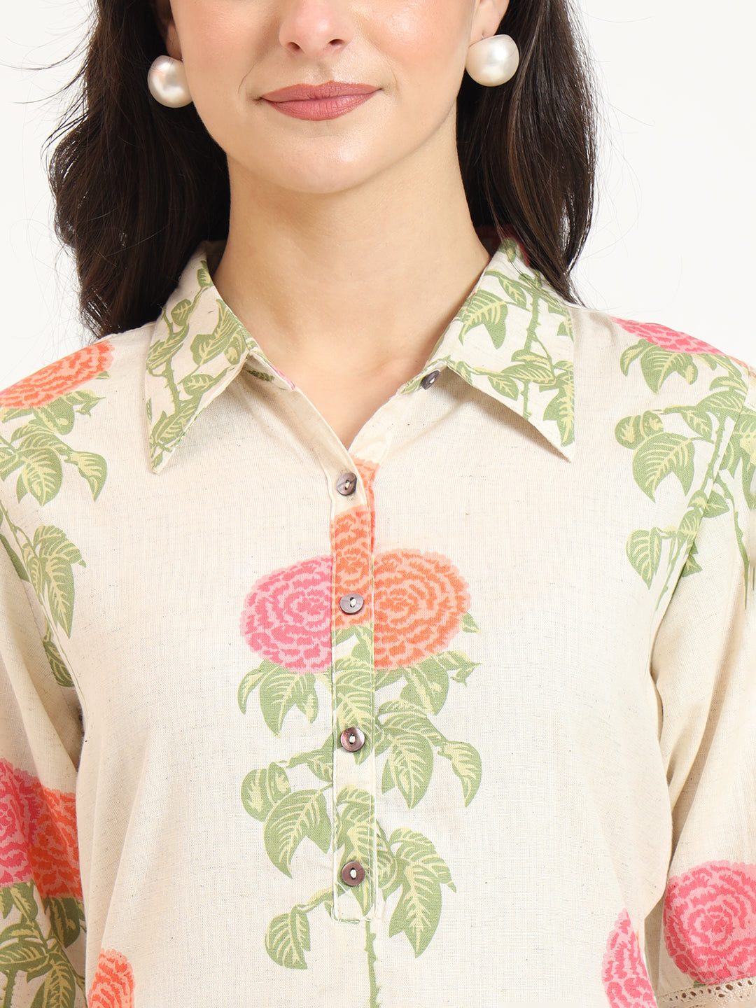 Cream Pink Floral Print Cotton Fabric Kurta
