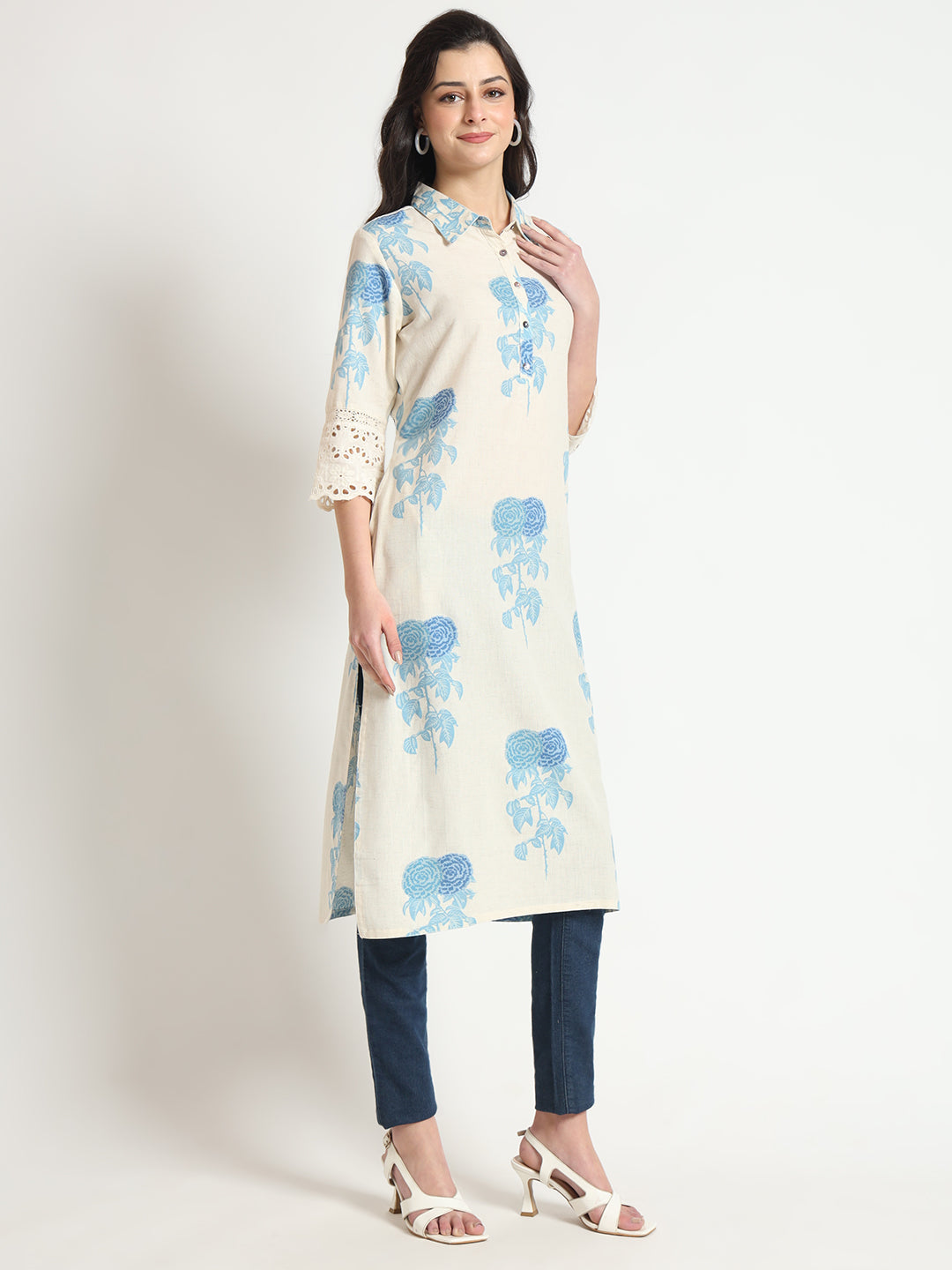 Cream Blue Floral Print Cotton Fabric A-Line Kurta