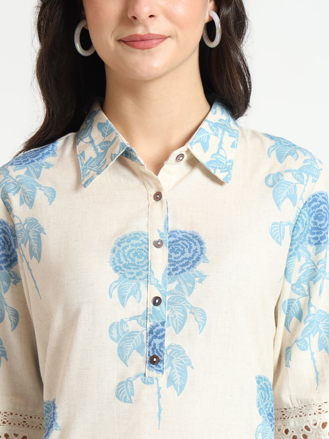 Cream Blue Floral Print Cotton Fabric A-Line Kurta