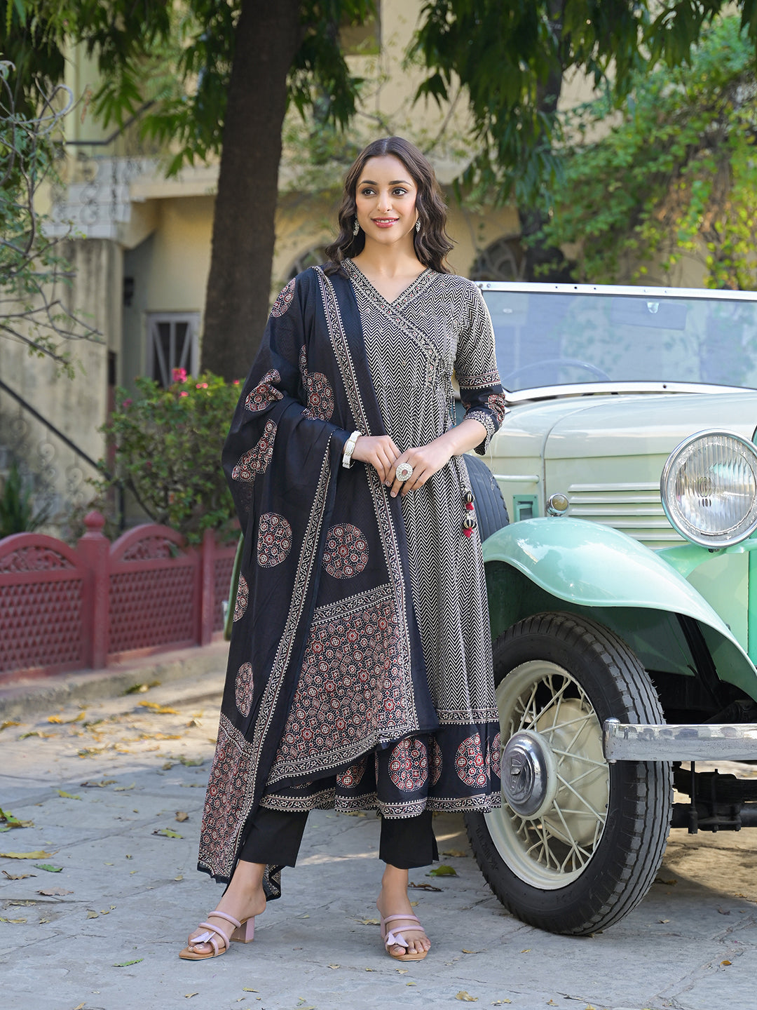 Black Printed Cotton Fabric Anarkali Kurta Pant With Dupatta
