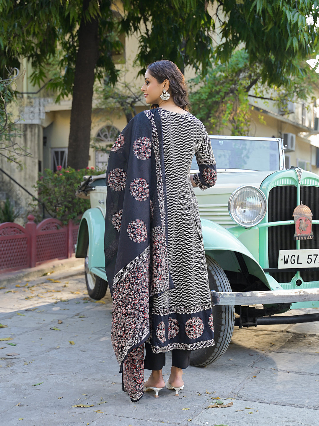 Black Printed Cotton Fabric Anarkali Kurta Pant With Dupatta