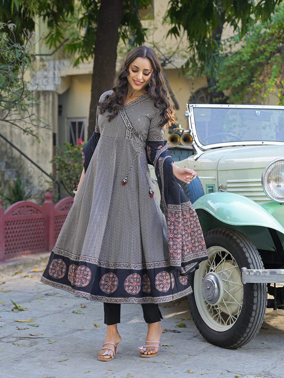 Black Printed Cotton Fabric Anarkali Kurta Pant With Dupatta