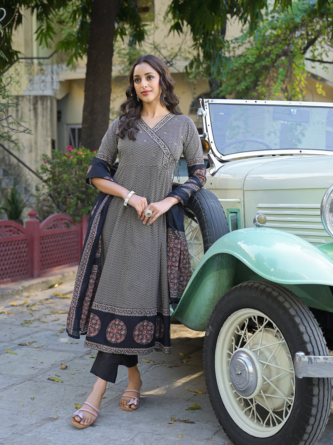 Black Printed Cotton Fabric Anarkali Kurta Pant With Dupatta
