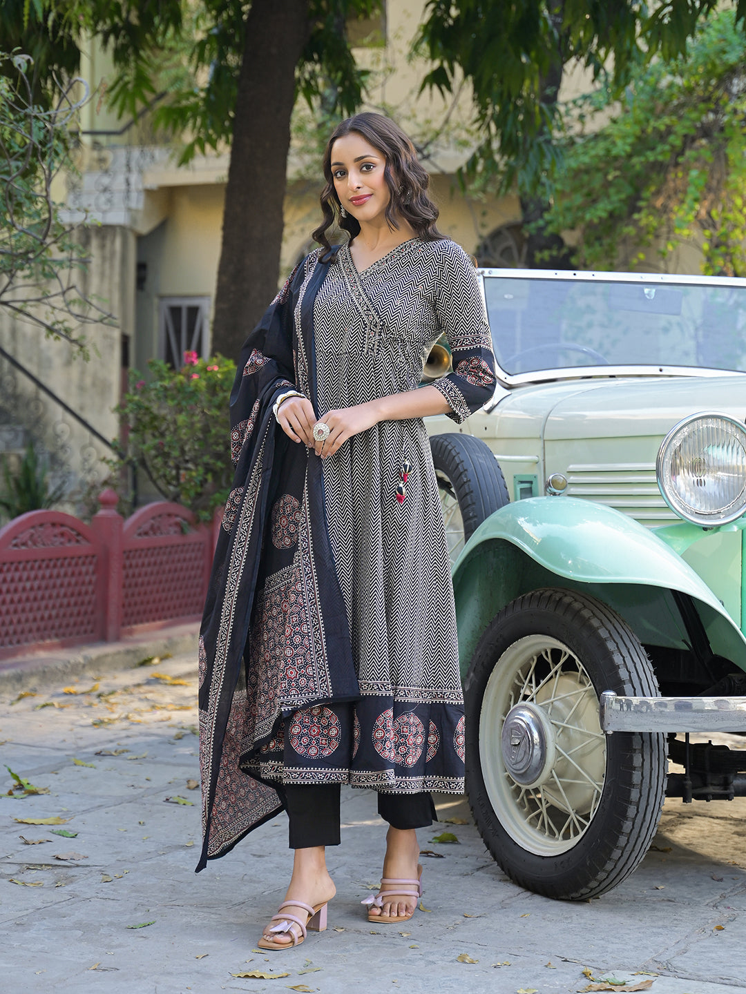 Black Printed Cotton Fabric Anarkali Kurta Pant With Dupatta
