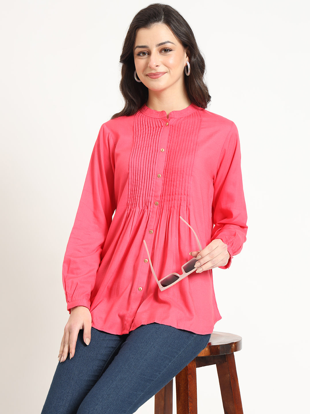 Peach Solid Print Rayon Fabric Straight Top