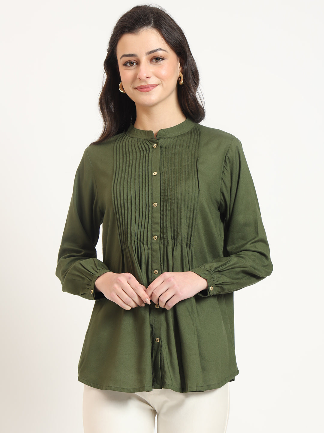 Olive Solid Print Rayon Pintuck Detailing Top