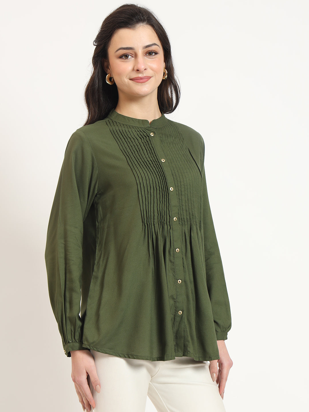 Olive Solid Print Rayon Pintuck Detailing Top