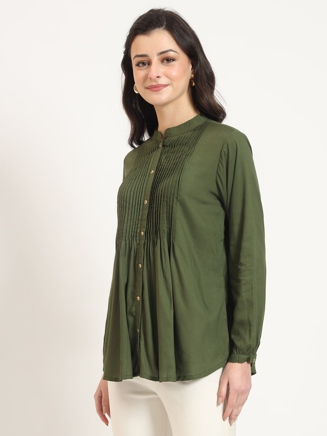 Olive Solid Print Rayon Pintuck Detailing Top