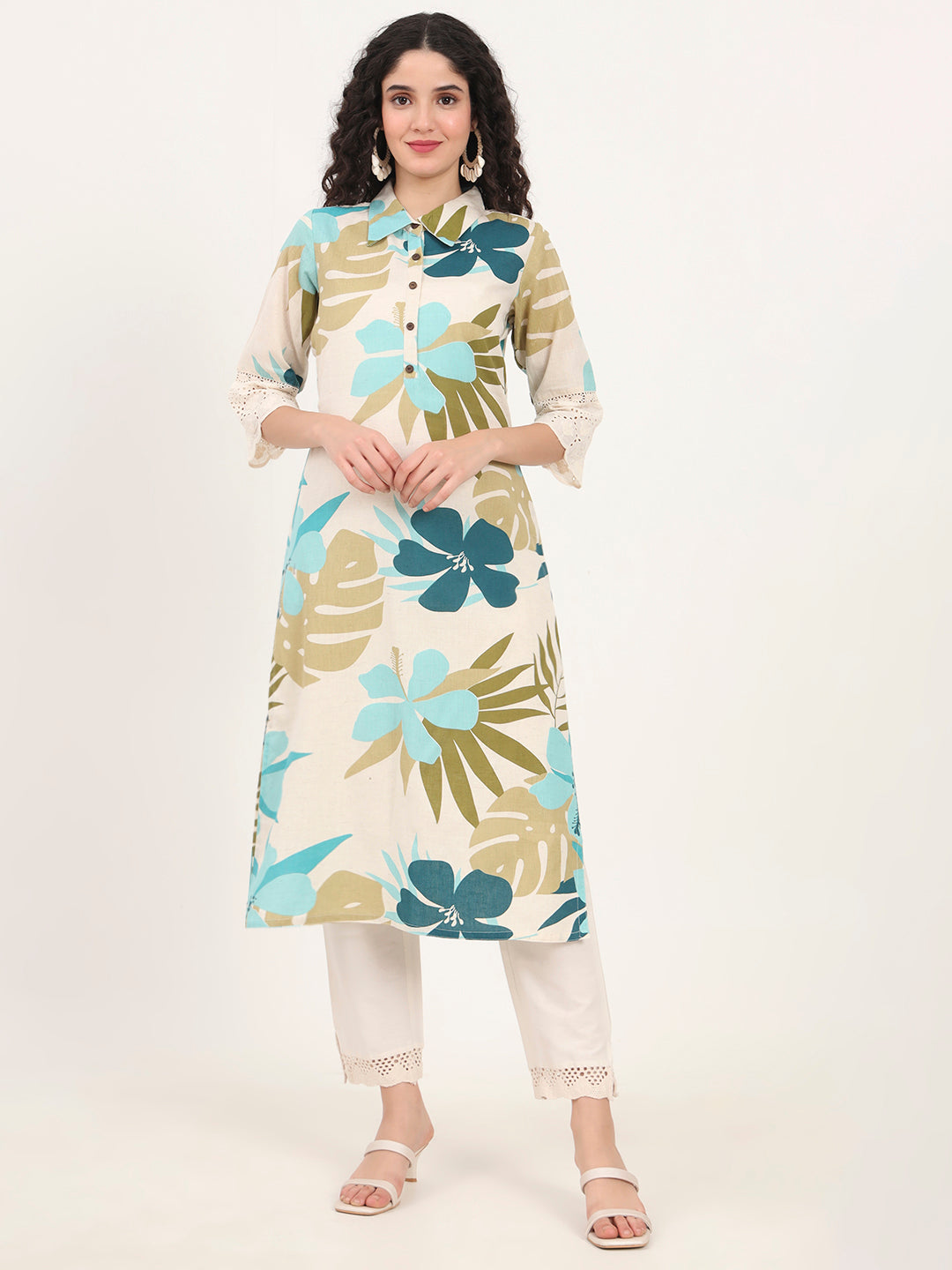 Blue Floral Printed Cotton Kurta