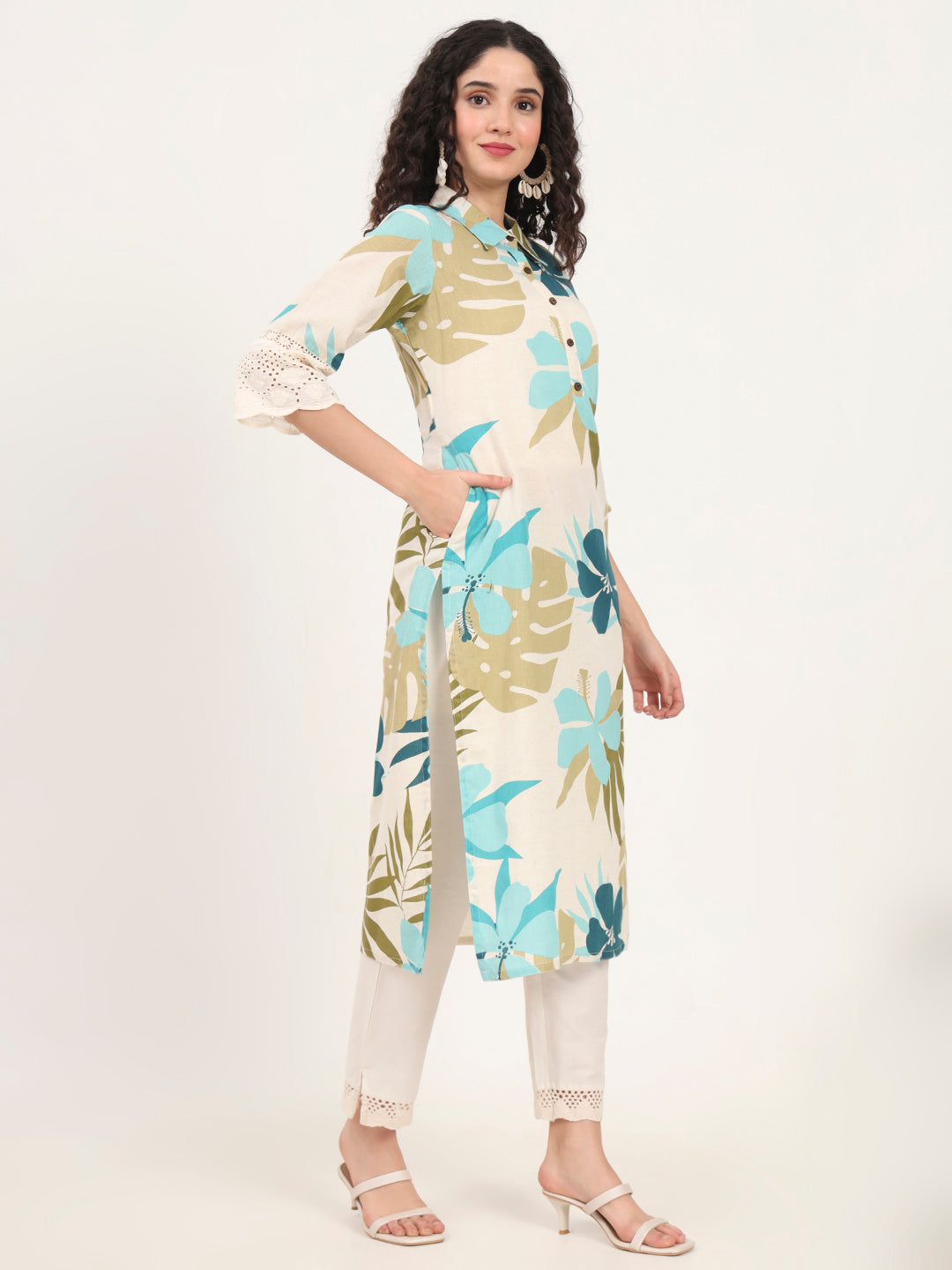 Blue Floral Printed Cotton Kurta