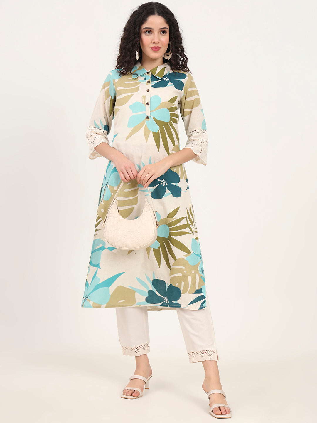 Blue Floral Printed Cotton Kurta
