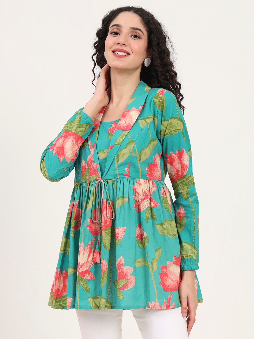 Red Floral Printed Cotton Lepal Neck Peplum Top