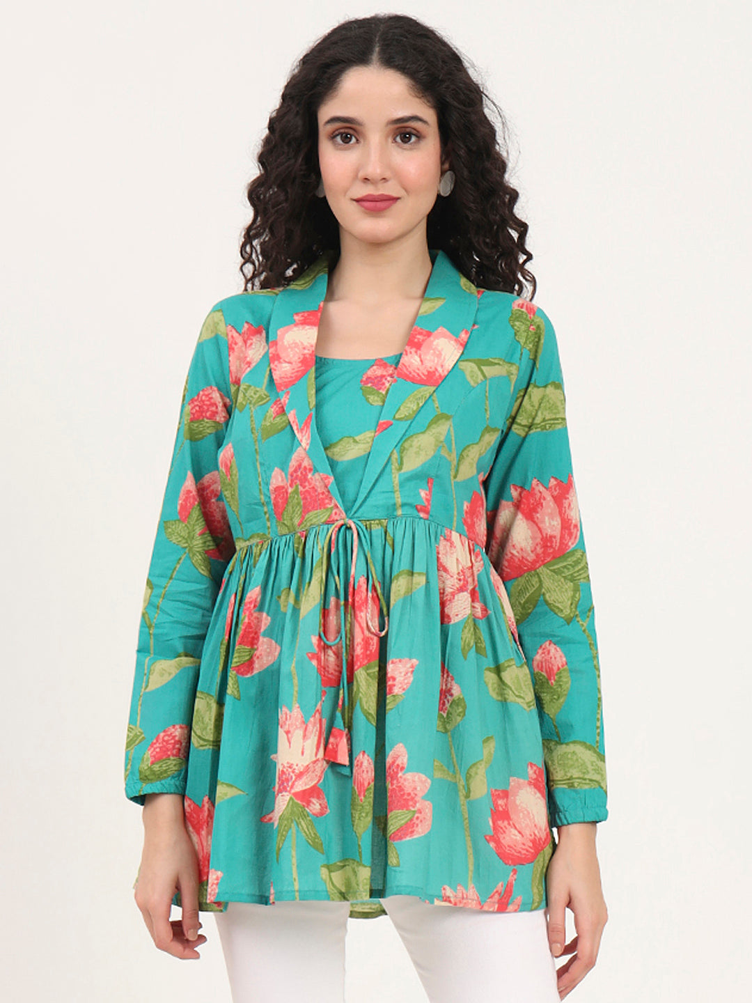 Red Floral Printed Cotton Lepal Neck Peplum Top