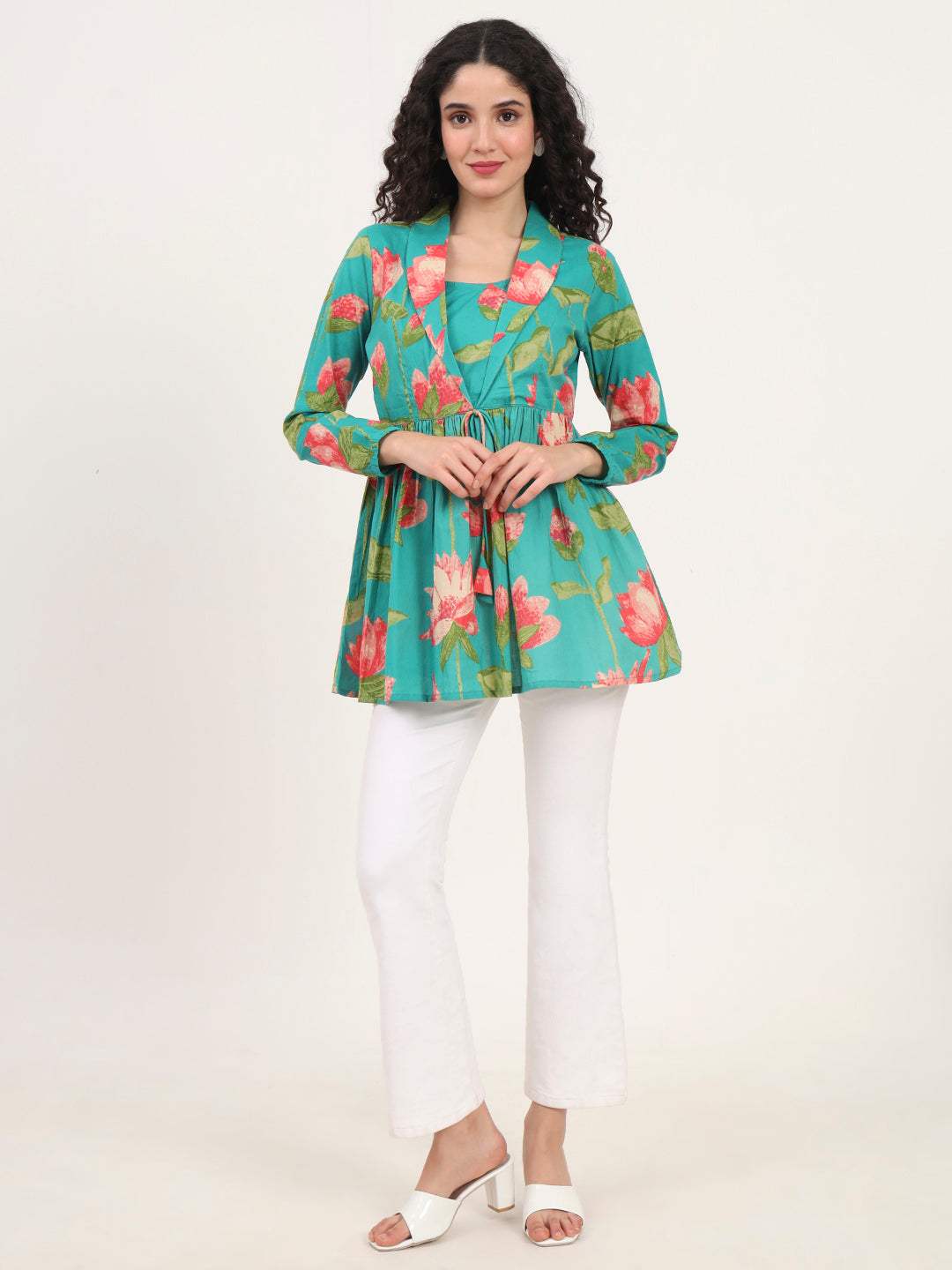 Red Floral Printed Cotton Lepal Neck Peplum Top