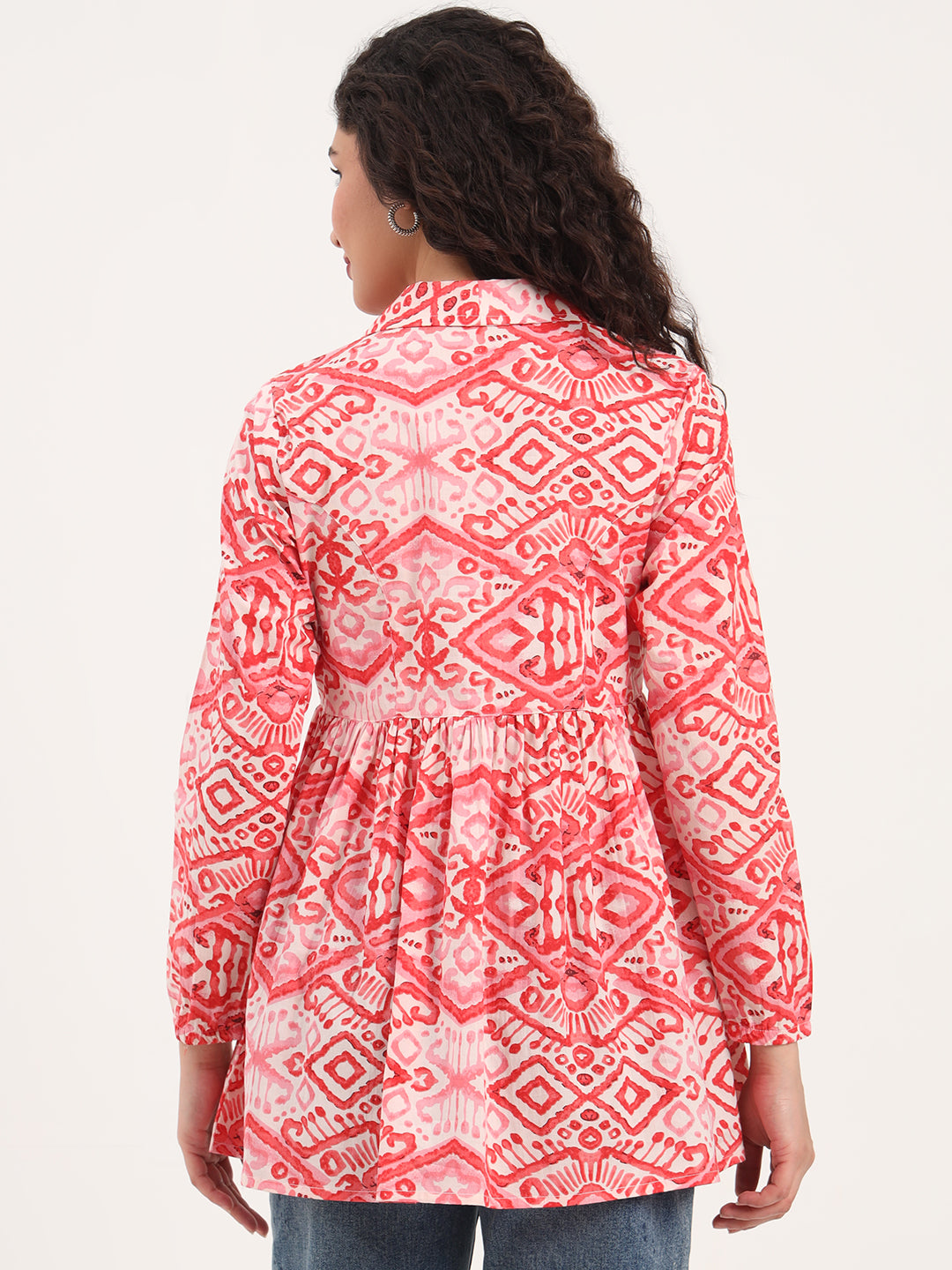 Red Floral Print Cotton Fabric Lepal Coller Peplum Top