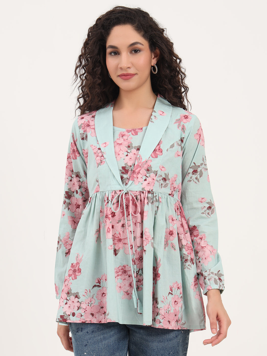Turquoise Floral Print Cotton Fabric Lepal Coller Peplum Top