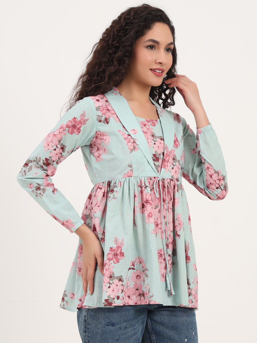 Turquoise Floral Print Cotton Fabric Lepal Coller Peplum Top