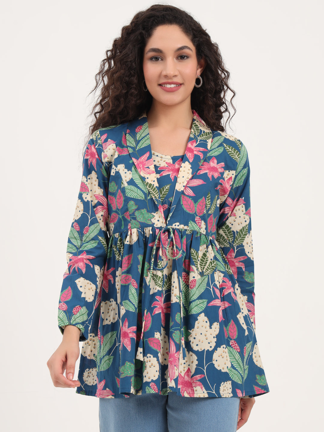 Blue Floral Print Cotton Fabric Lepal Coller Peplum Top
