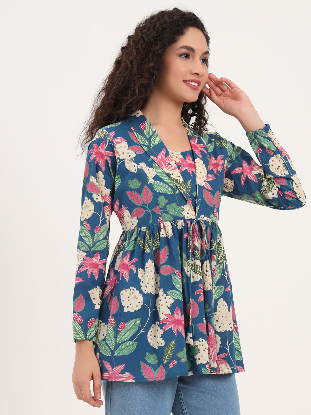 Blue Floral Print Cotton Fabric Lepal Coller Peplum Top
