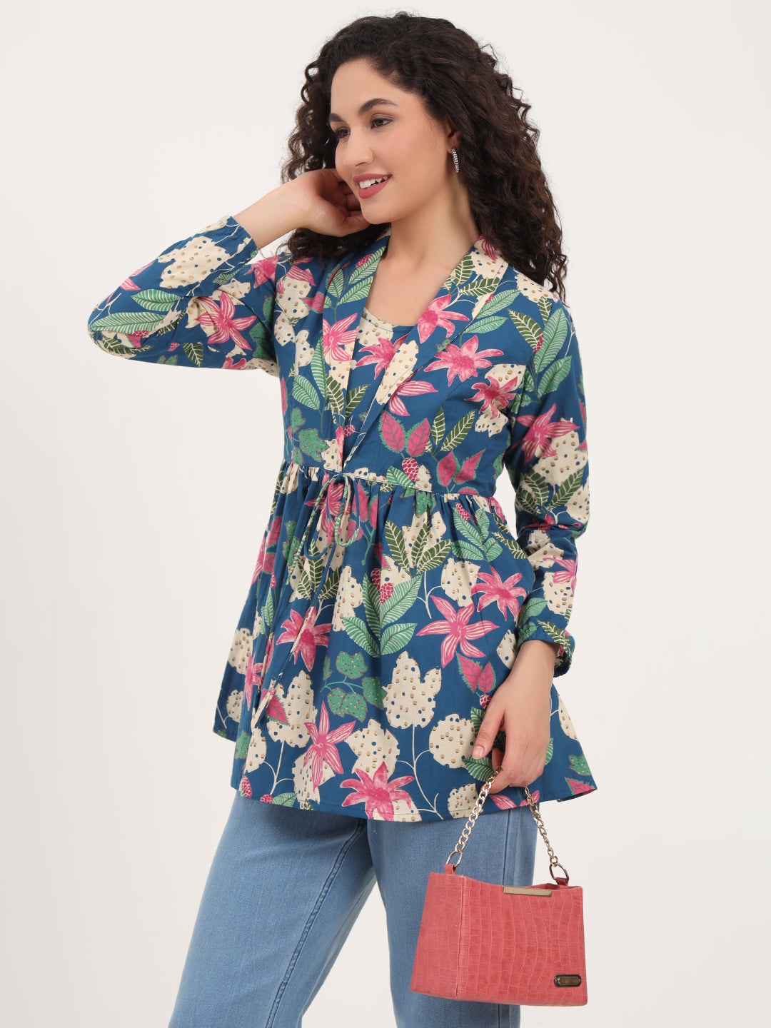 Blue Floral Print Cotton Fabric Lepal Coller Peplum Top
