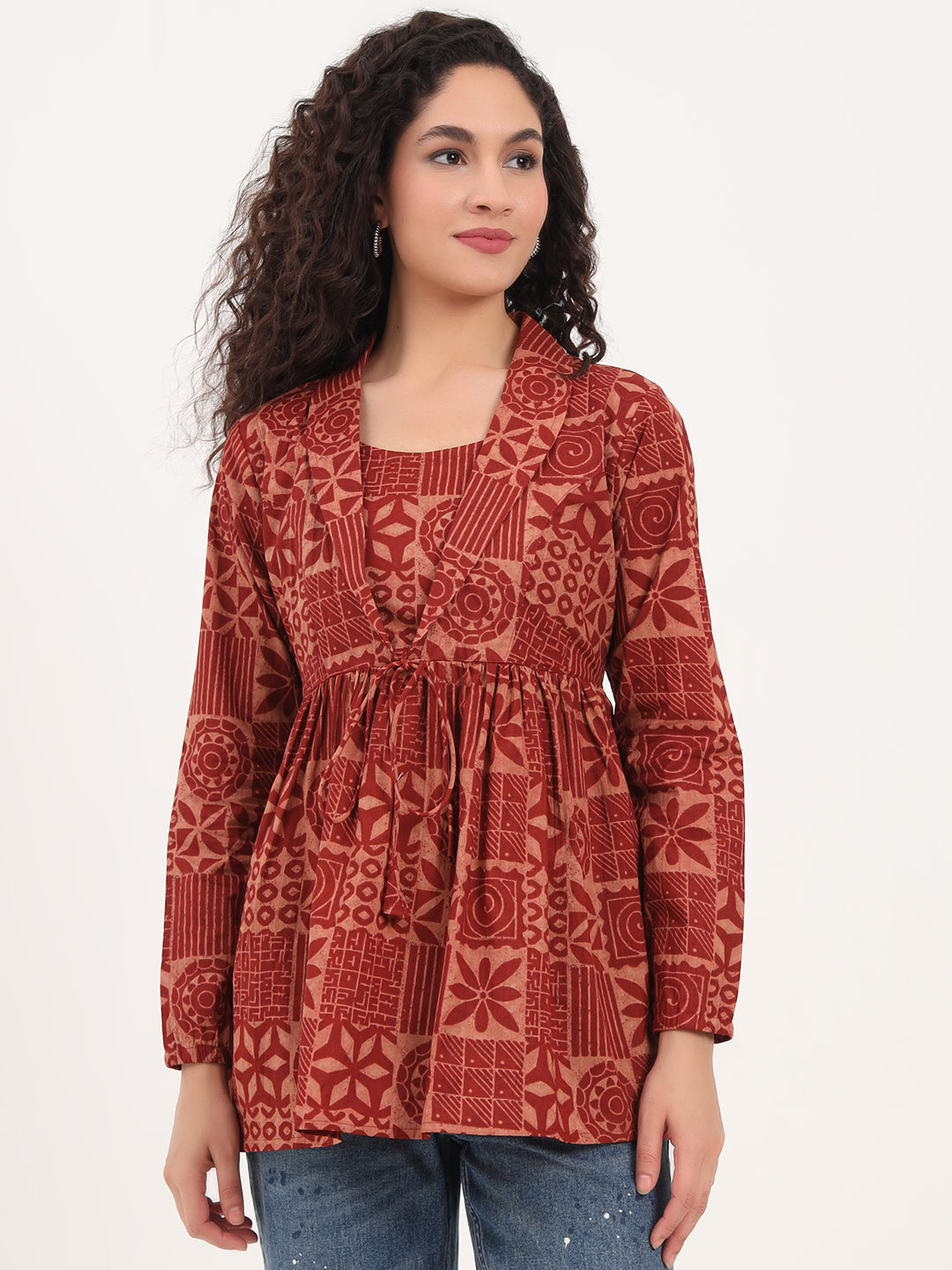 Brown Floral Cotton Fabric Lepal Coller Peplum Top