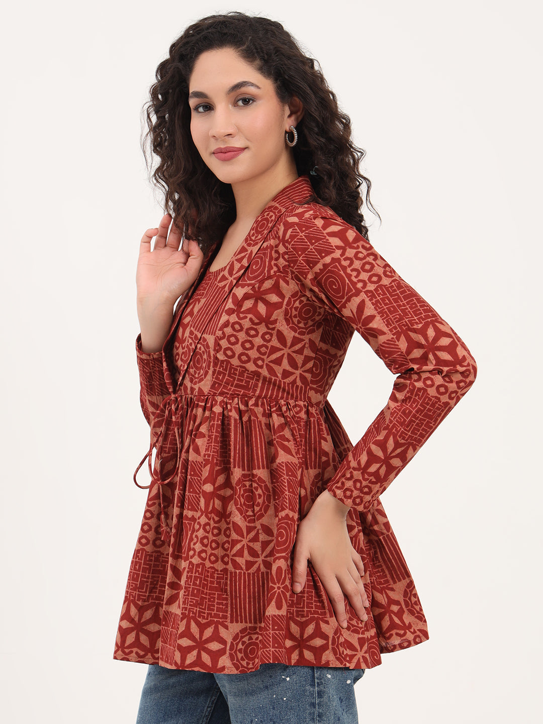 Brown Floral Cotton Fabric Lepal Coller Peplum Top