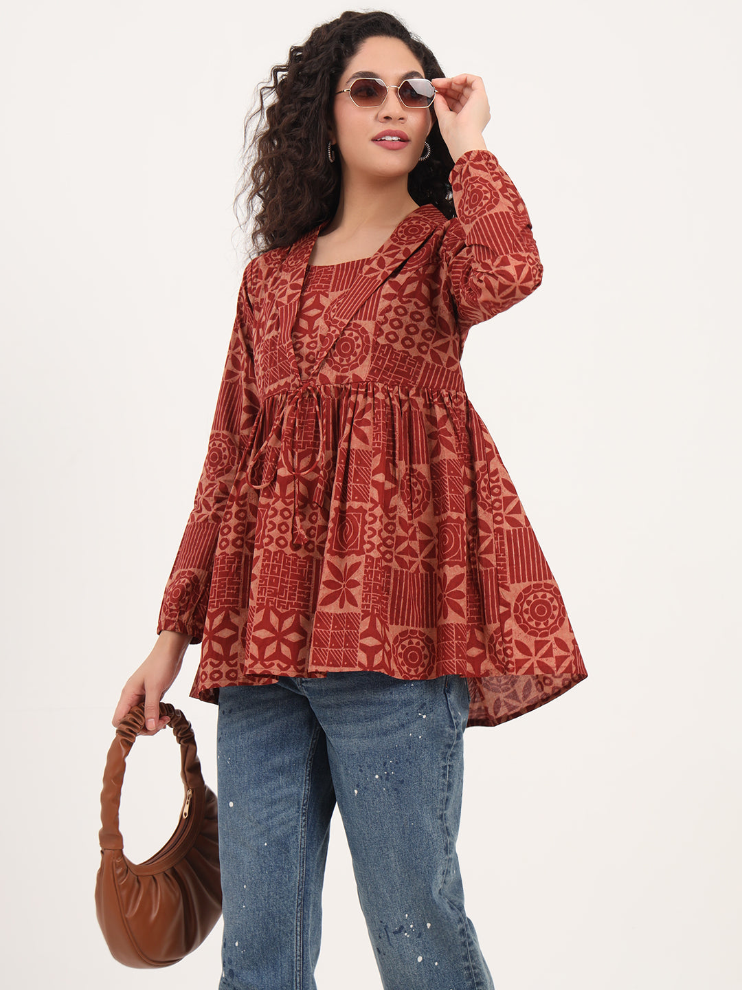 Brown Floral Cotton Fabric Lepal Coller Peplum Top