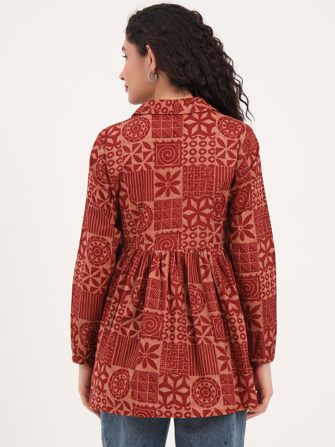 Brown Floral Cotton Fabric Lepal Coller Peplum Top