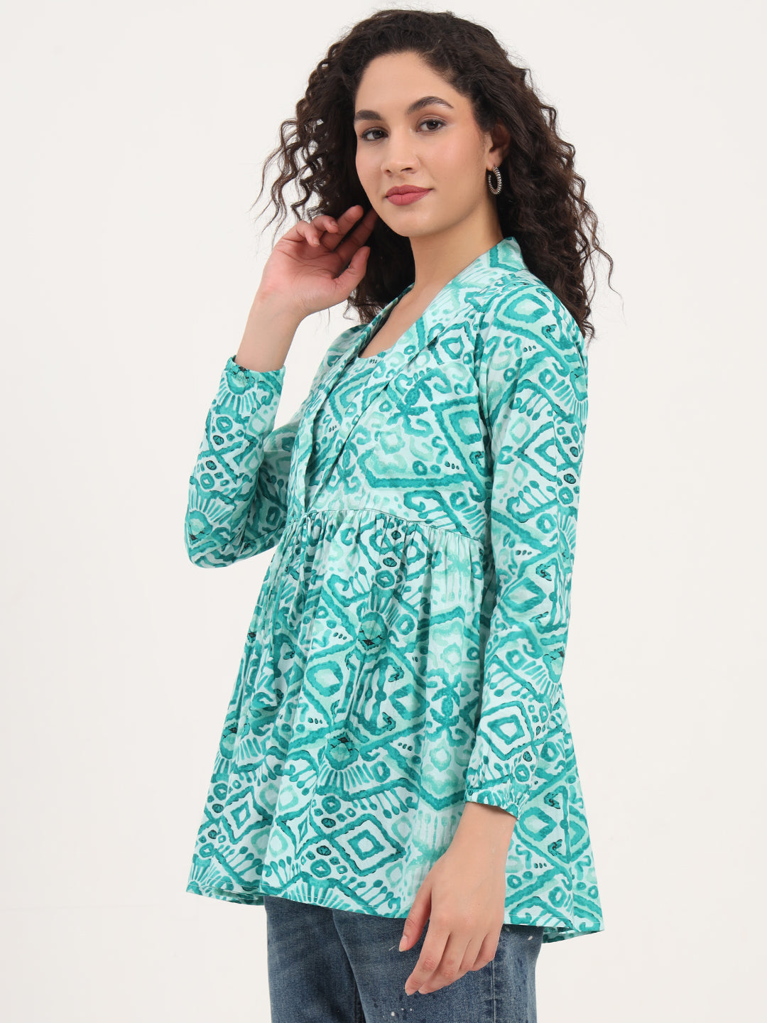 Teal Green Floral Cotton Fabric Lepal Coller Peplum Top