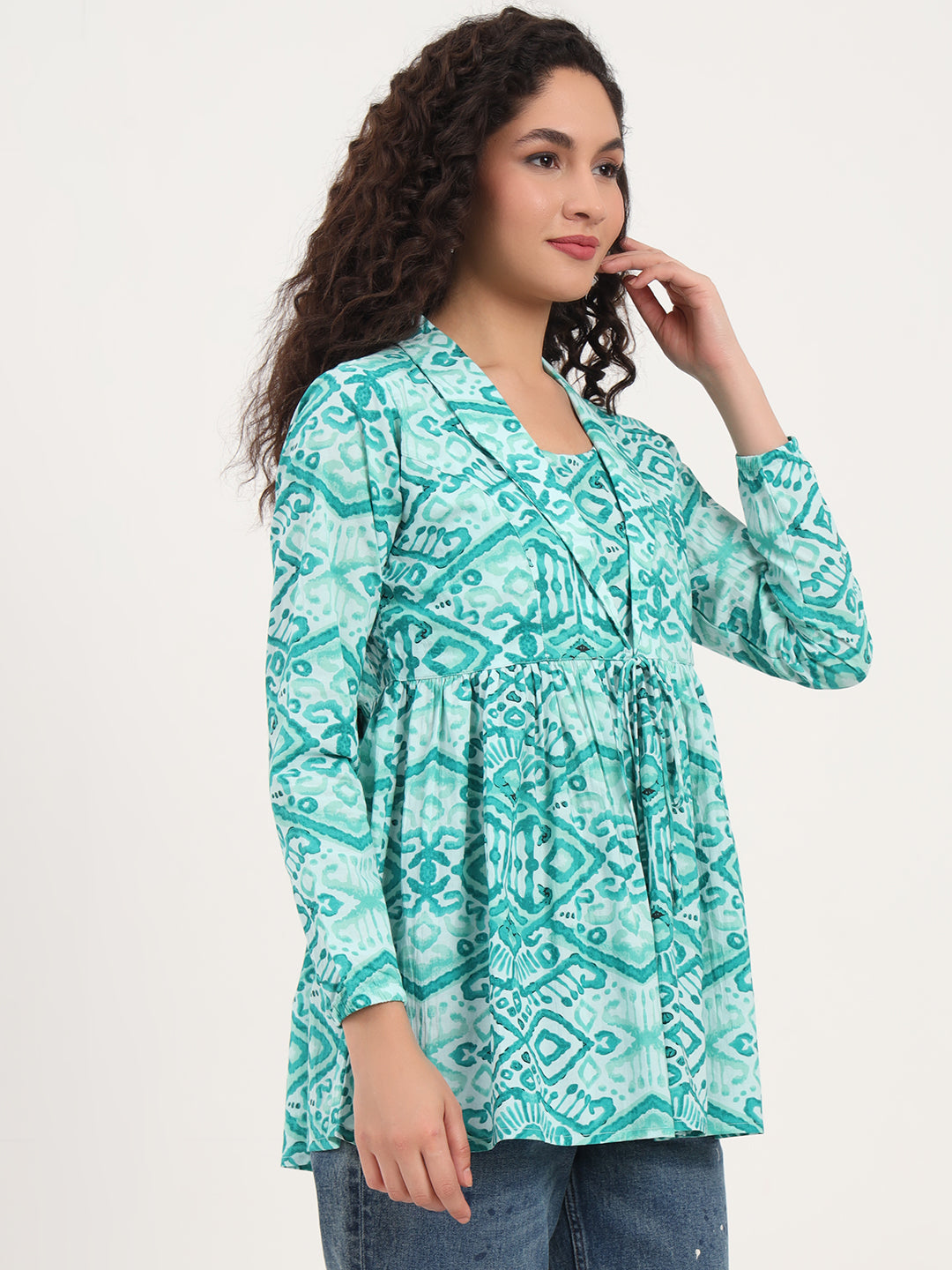 Teal Green Floral Cotton Fabric Lepal Coller Peplum Top